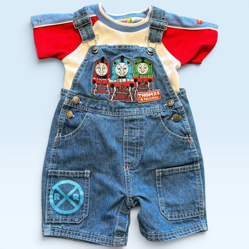 Thomas & Friends Overall Shorts Set Boys 9-12 Months Blue Denim Train 2 Piece